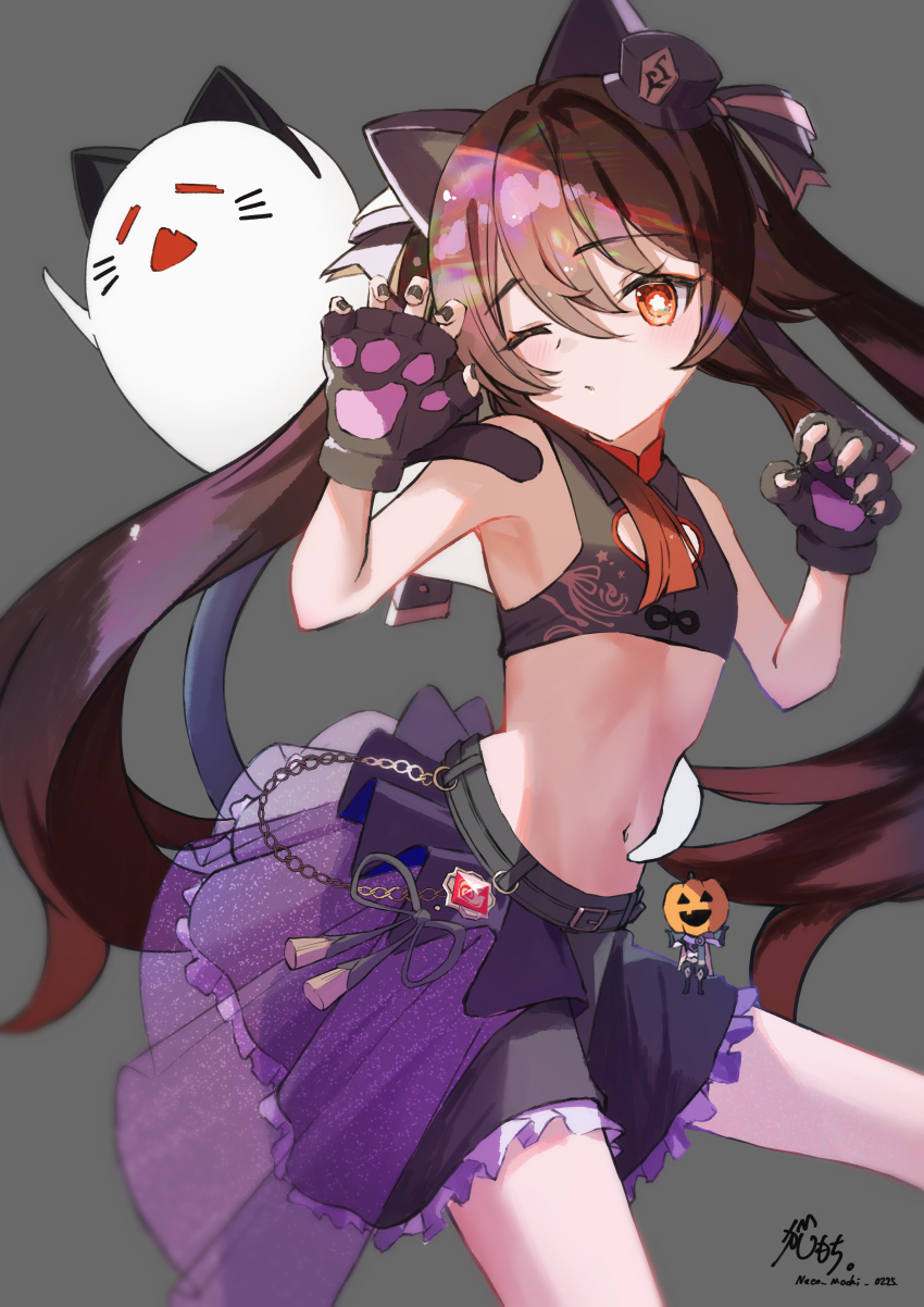 1girl absurdres alternate_costume animal_ears animal_hands artist_name bare_shoulders black_nails boo_tao_(genshin_impact) brown_hair cat_ears cat_paws cleavage_cutout clothing_cutout crop_top facial_mark fake_animal_ears fingerless_gloves flower-shaped_pupils genshin_impact ghost gloves halloween hat highres hu_tao_(genshin_impact) long_hair looking_at_viewer navel nekomochi one_eye_closed porkpie_hat pumpkin red_eyes signature skirt sleeveless symbol-shaped_pupils twintails whisker_markings