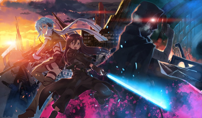 10s 1boy 1girl absurdres ass bandages death_gun gun highres kirito monster sword sword_art_online thighhighs weapon yuuki_tatsuya