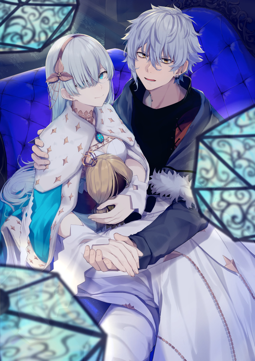 1boy 1girl absurdres anastasia_(fate) bad_id bad_pixiv_id black_shirt blue_cloak blurry blurry_foreground brown_eyes brown_hairband cloak closed_mouth commentary_request couch crown depth_of_field dress ear_piercing earrings eyebrows_hidden_by_hair fate/grand_order fate_(series) grey_hair grey_jacket hair_between_eyes hair_ornament hair_over_one_eye hairband highres holding_hands jacket jewelry kadoc_zemlupus kurogiri leaf_hair_ornament light_brown_hair long_hair looking_at_viewer mini_crown on_couch open_clothes open_jacket parted_lips piercing royal_robe shirt sitting smile v-shaped_eyebrows very_long_hair white_dress