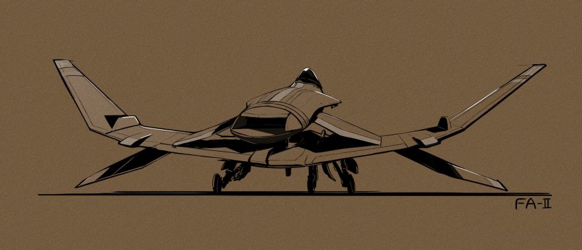 aircraft airplane brown_background fami_(yellow_skies) fand_two fighter_jet from_behind highres jet military military_vehicle monochrome no_humans original sentou_yousei_yukikaze solo vehicle_focus wings