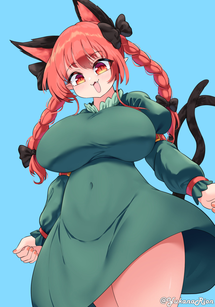 1girl :3 :d animal_ears blue_background blush braid breasts cat_ears cat_girl cat_tail commentary covered_navel curvy dress english_commentary extra_ears green_dress highres huge_breasts juliet_sleeves kaenbyou_rin long_hair long_sleeves looking_at_viewer multiple_tails open_mouth pointy_ears puffy_sleeves red_eyes red_hair rion_(user_ufvg8527) side_braids simple_background slit_pupils smile solo tail touhou twin_braids twitter_username two_tails