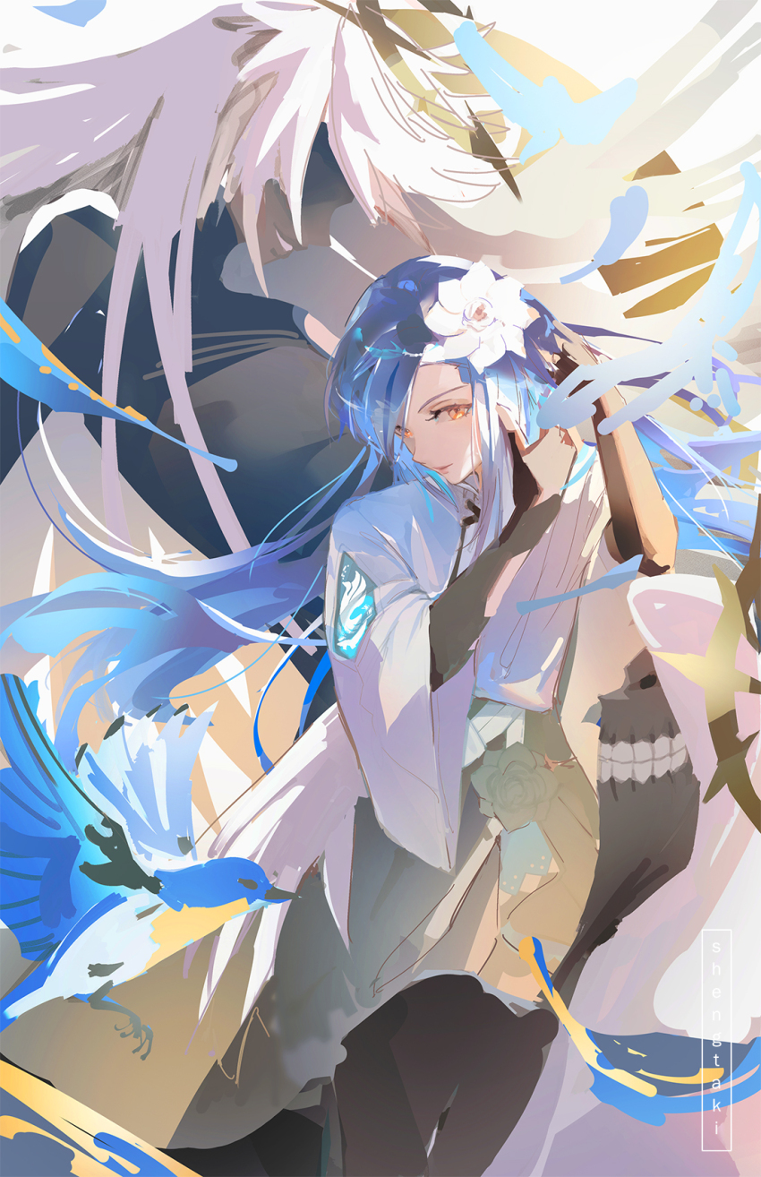 1girl artist_name bird black_gloves blue_hair commentary_request dizzy_(guilty_gear) fingerless_gloves flower gloves guilty_gear guilty_gear_strive hair_flower hair_ornament highres long_hair necro_(guilty_gear) official_alternate_hairstyle queen_dizzy red_eyes shengtaki shirt swept_bangs teeth undine_(guilty_gear) white_flower white_hair white_shirt wide_sleeves