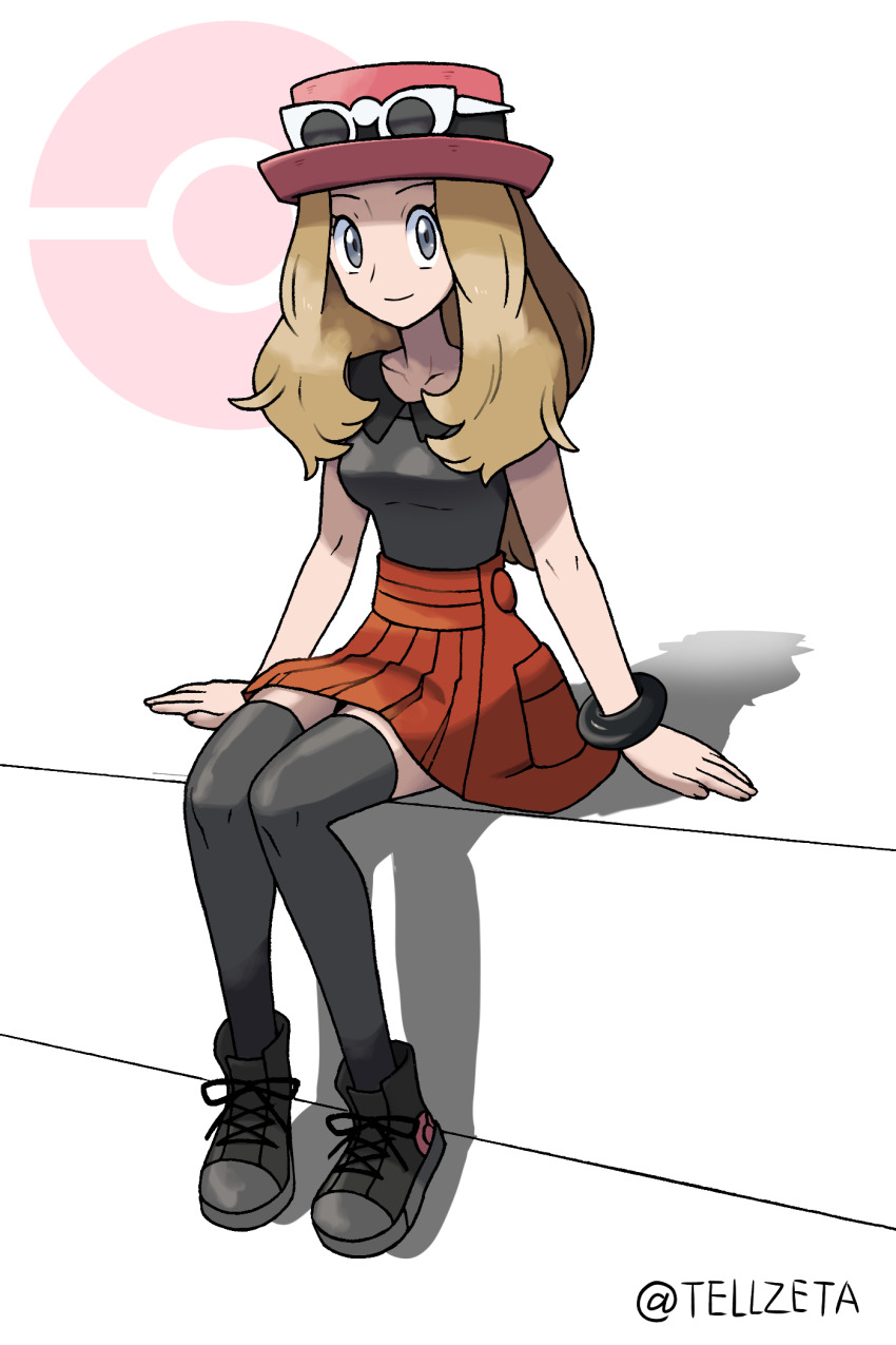 1girl arm_support black_footwear blonde_hair bracelet closed_mouth collared_shirt commentary_request commission creatures_(company) eyewear_on_headwear full_body game_freak grey_eyes grey_thighhighs hat highres jewelry long_hair looking_at_viewer nintendo pink_hat pleated_skirt poke_ball_symbol pokemon pokemon_xy serena_(pokemon) shirt shoes sitting skeb_commission skirt sleeveless sleeveless_shirt smile solo sunglasses tellzeta thighhighs white-framed_eyewear