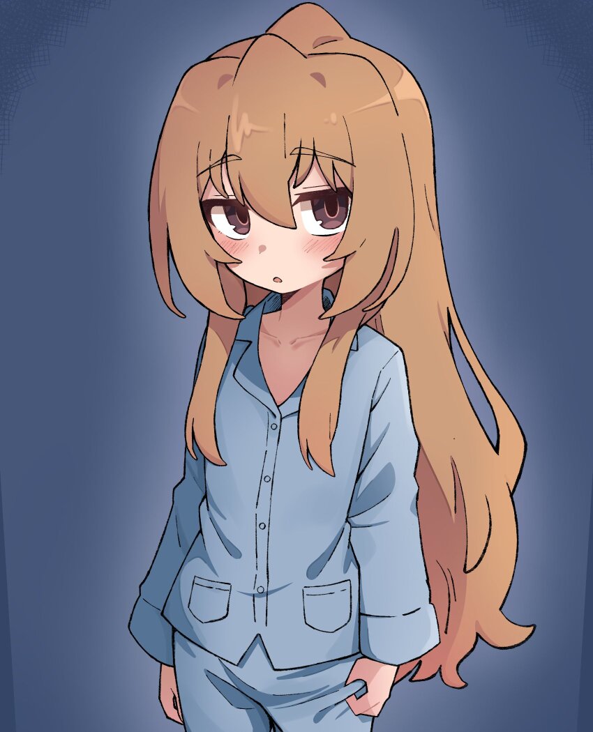 1girl aisaka_taiga arms_at_sides blue_background blue_pajamas blue_pants blue_shirt blush brown_eyes clothes_pull collarbone commentary cowboy_shot dot_nose english_commentary flat_chest gradient_background hair_between_eyes highres indoors koonowen light_brown_hair long_hair long_sleeves looking_at_viewer open_mouth pajamas pants pants_pull shirt sidelocks simple_background solo standing straight_hair toradora! very_long_hair