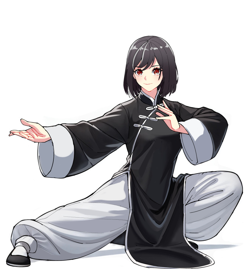 1girl absurdres black_dress black_hair changpao china_dress chinese_clothes dress fighting fighting_stance highres kokoro_no_koibito kung_fu long_sleeves martial_arts monk original red_eyes self-upload shaolin_monk short_hair solo tangzhuang training xie_meili_(kokoro_no_koibito)