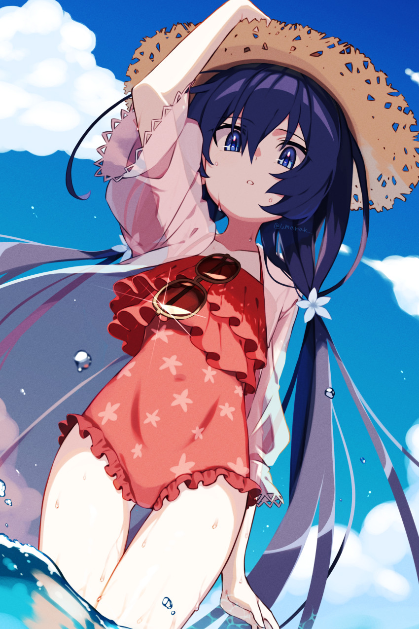 1girl absurdres arm_up black_hair blue_eyes blue_sky bungou_stray_dogs cloud covered_navel from_below hair_between_eyes hat highres izumi_kyouka_(bungou_stray_dogs) kinorink long_hair looking_at_viewer low_twintails one-piece_swimsuit outdoors parted_lips pink_one-piece_swimsuit sky solo straw_hat summer sunglasses swimsuit twintails very_long_hair wading water_drop