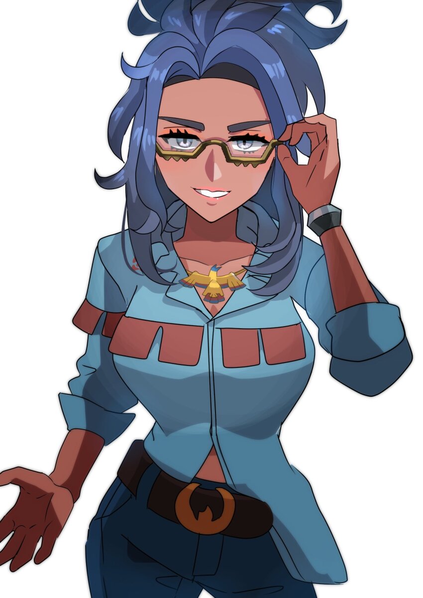 1girl adjusting_eyewear akisame_kanon belt black_hair collared_shirt creatures_(company) dark-skinned_female dark_skin fringe_trim game_freak glasses grey_eyes hand_on_eyewear highres holding jewelry long_hair looking_at_viewer nintendo pokemon pokemon_sv ponytail raifort_(pokemon) semi-rimless_eyewear shirt shirt_partially_tucked_in smile solo under-rim_eyewear