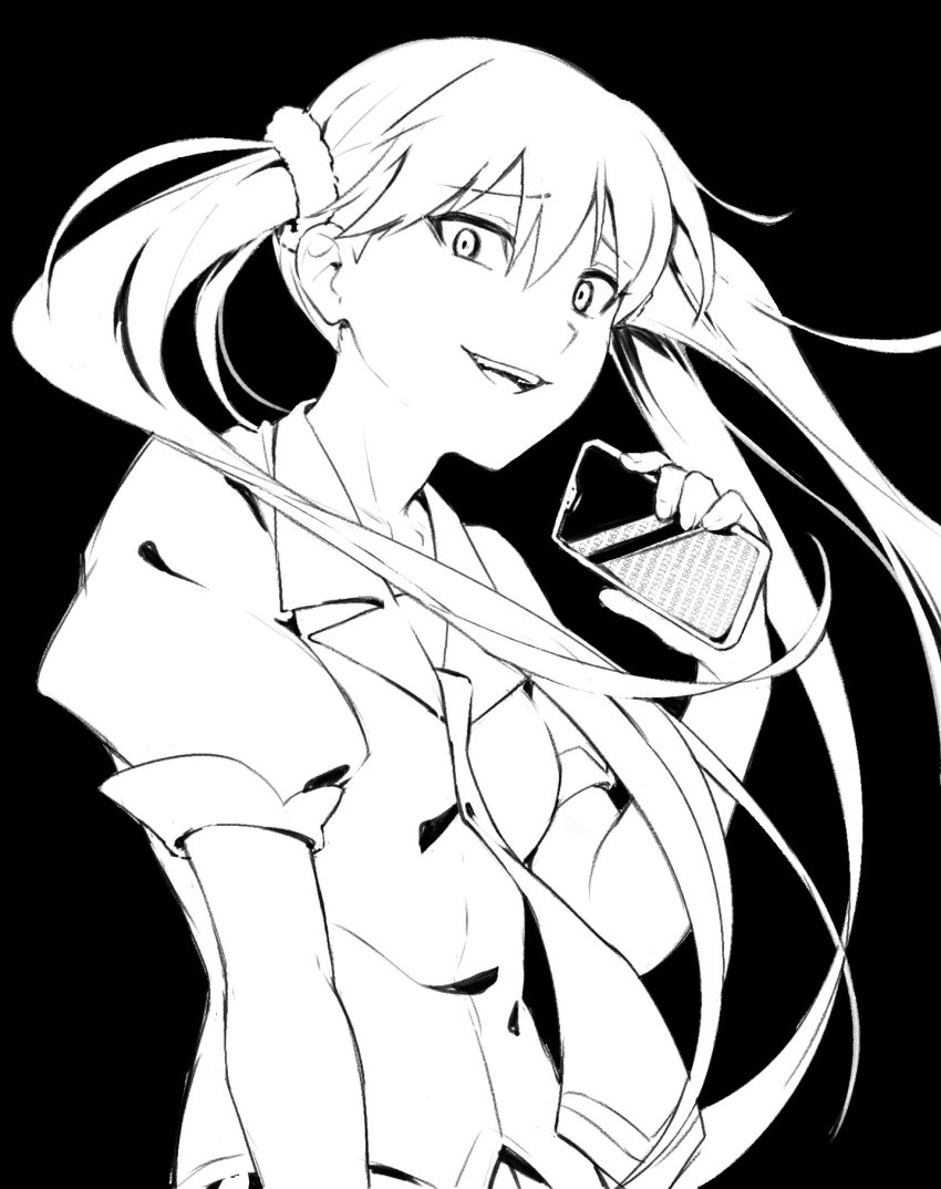 1girl black_background floating_hair greyscale hair_between_eyes hair_ornament highres holding holding_phone looking_at_viewer monochrome monogatari_(series) naoetsu_high_school_uniform nifffi oikura_sodachi open_mouth owarimonogatari phone school_uniform simple_background solo twintails