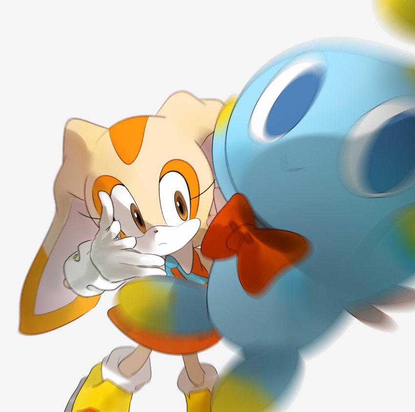 1girl animal_ears blue_eyes bow bowtie brown_eyes chao_(sonic) cheese_(sonic) cream_the_rabbit woe_plague_be_upon_ye_(meme) gloves grey_background highres jaibus meme motion_blur neutral_chao rabbit_ears red_bow red_bowtie sonic_(series) sonic_advance_2 white_gloves yellow_footwear