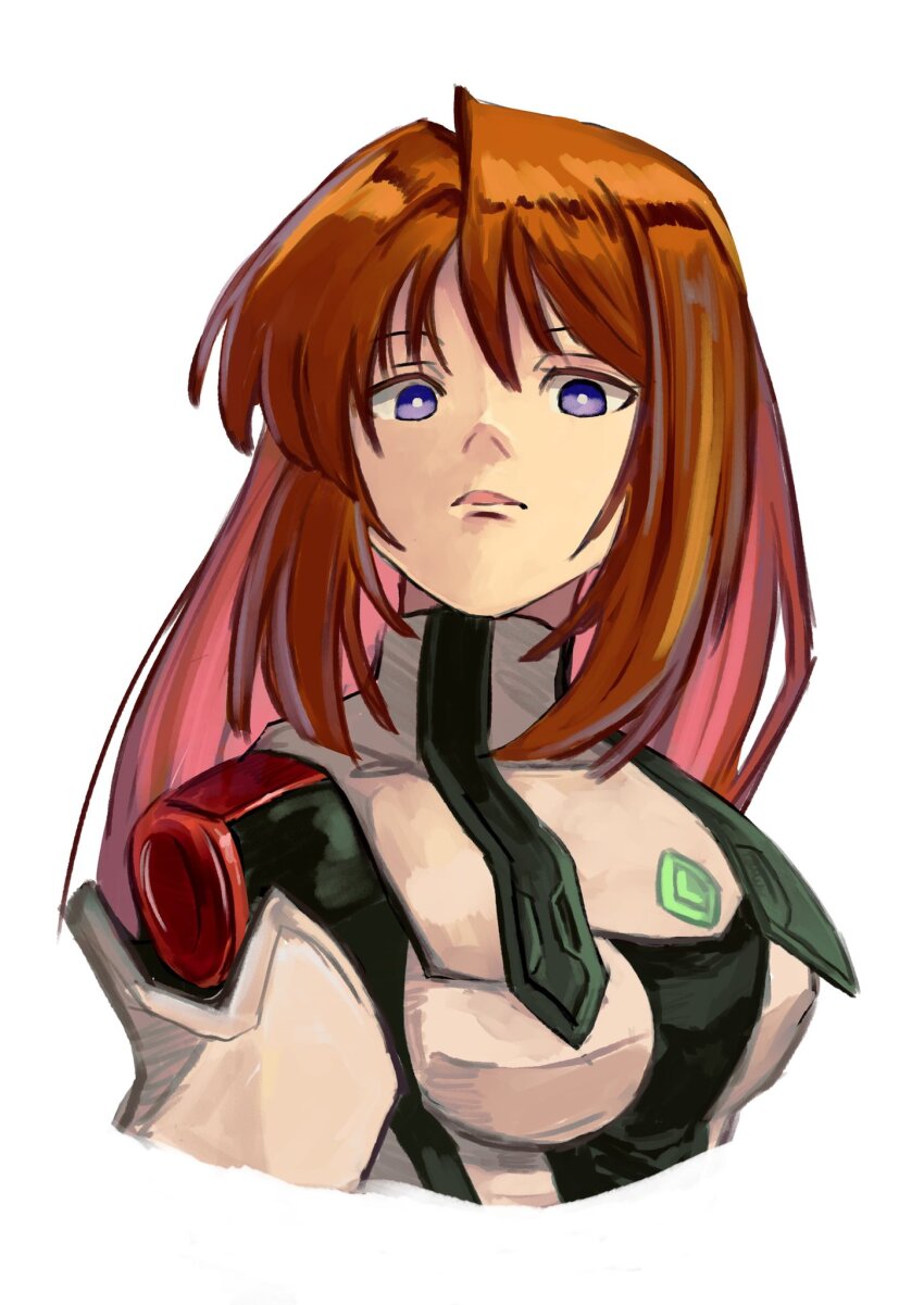 1girl blue_eyes bright_pupils closed_mouth cropped_arms cropped_torso elhaym_van_houten hashtag-only_commentary highres long_hair looking_at_viewer orange_hair simple_background solo tikuwabu_33 white_background white_pupils xenogears