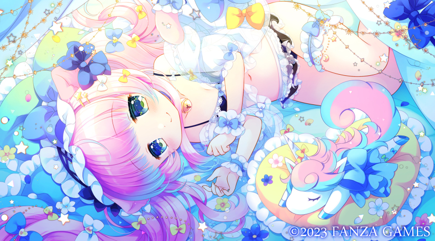 1girl angelic_link animal_ear_fluff animal_ears bell bikini bikini_skirt black_bikini blue_bow blue_choker blue_hair bow cat_ears cat_girl cat_tail character_request choker closed_mouth commentary_request frilled_pillow frills gradient_hair green_eyes hands_up heart heart-shaped_pillow highres jingle_bell long_hair lying multicolored_hair navel neck_bell on_side pillow pink_hair puffy_short_sleeves puffy_sleeves sakurazawa_izumi see-through_clothes short_sleeves smile solo stuffed_unicorn swimsuit tail twintails very_long_hair wrist_cuffs