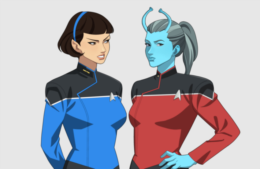 2girls andorian black_hair blue_hair breasts brown_eyes foodcube_(foodcu_be) grey_eyes grey_hair hand_on_own_hip jennifer_sh&#039;reyan multiple_girls parted_lips pointy_ears ponytail red_shirt shirt small_breasts star_trek star_trek:_lower_decks starfleet_uniform t&#039;lyn vulcan