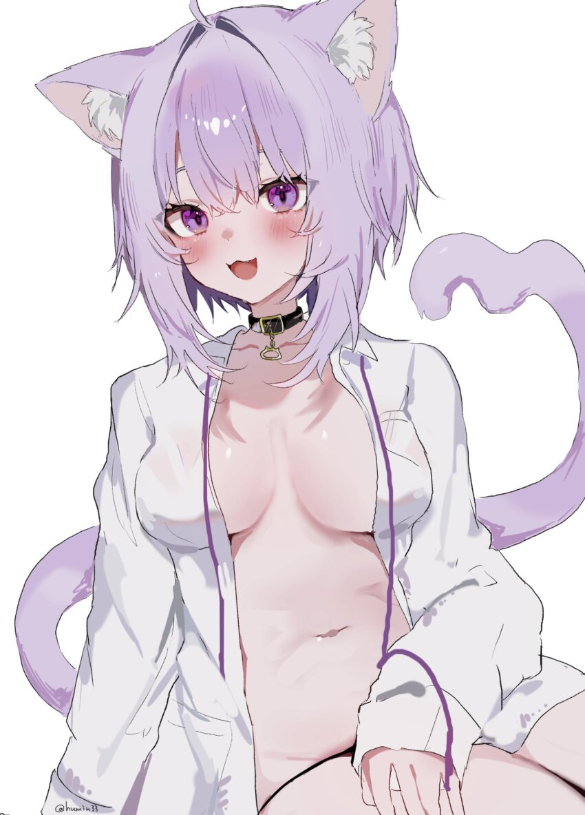 1girl ahoge animal_ear_fluff animal_ears blush breasts cat_ears cat_girl cat_tail cleavage collar collarbone highres hololive large_breasts long_sleeves medium_hair mofumin navel nekomata_okayu nekomata_okayu_(oversized_shirt) official_alternate_costume open_clothes open_mouth open_shirt purple_eyes purple_hair purple_tail shirt short_hair simple_background sitting smile solo tail virtual_youtuber white_shirt