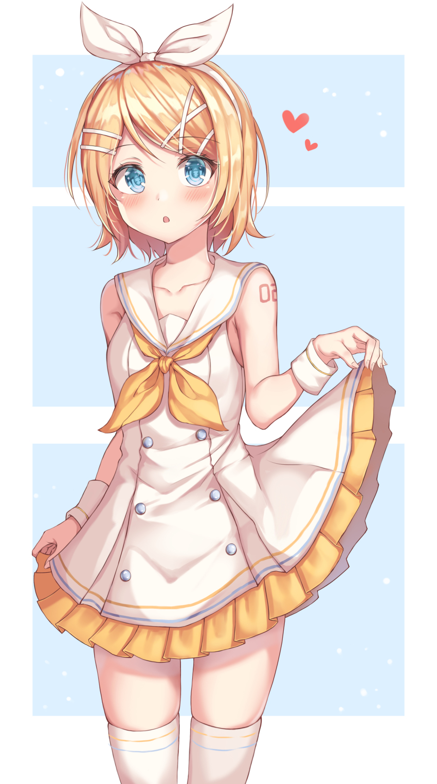 1girl absurdres bare_shoulders blonde_hair blue_eyes blush clothes_lift collarbone commentary_request dress dress_lift frills hair_ornament hairband hairclip haneiro heart heart_print highres kagamine_rin looking_at_viewer open_mouth ribbon short_hair sleeveless sleeveless_dress solo thighhighs vocaloid white_dress white_hairband white_thighhighs