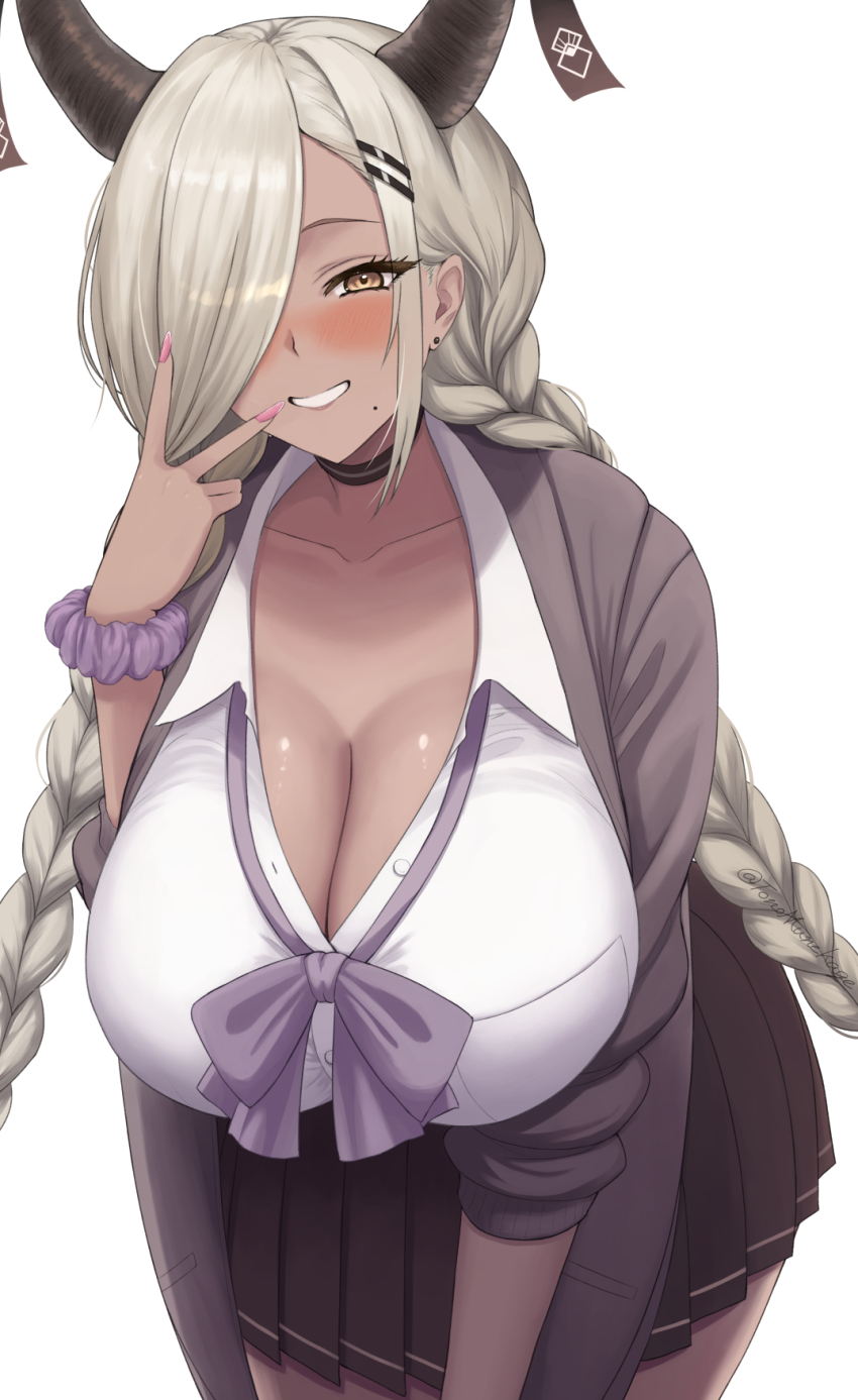 1girl azur_lane black_horns black_skirt blush braid breasts collarbone collared_shirt dark-skinned_female dark_skin grin hair_over_one_eye hand_up highres horns large_breasts long_hair looking_at_viewer owari_(azur_lane) pleated_skirt purple_scrunchie scrunchie shirt simple_background skirt smile solo standing tono_munekage twin_braids very_long_hair white_background white_shirt wrist_scrunchie yellow_eyes