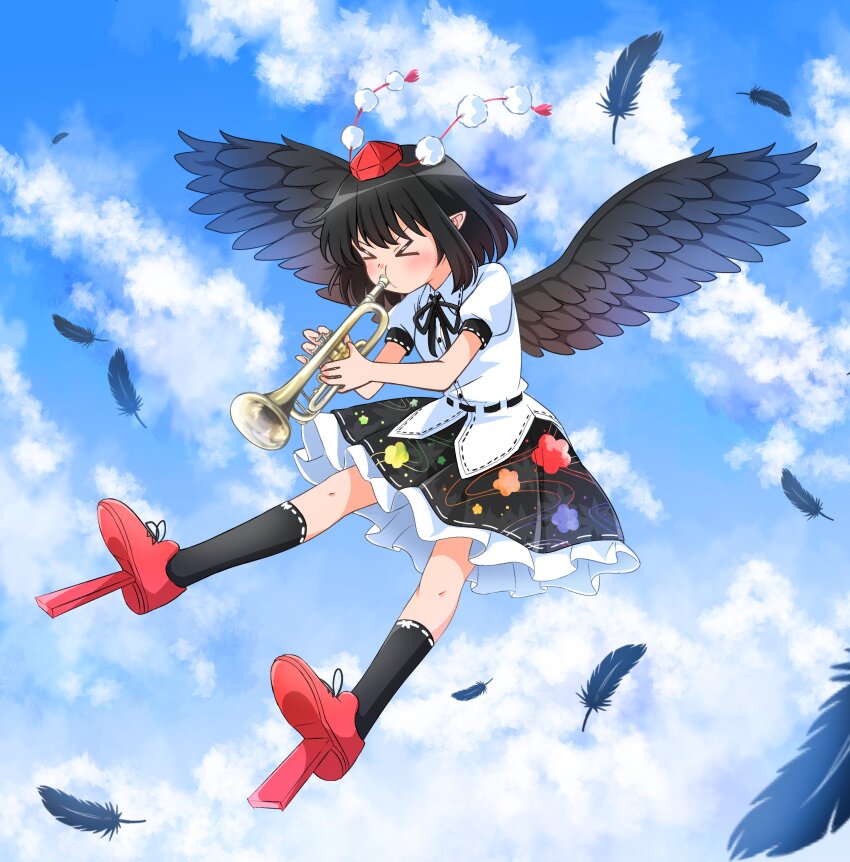 &gt;_&lt; 1girl absurdres belt bird_wings black_belt black_feathers black_hair black_ribbon black_skirt black_socks black_wings blue_sky closed_eyes cloud cloudy_sky commentary_request falling_feathers feathered_wings feathers flying full_body geta highres holding holding_instrument holding_trumpet instrument kneehighs pointy_ears red_footwear ribbon shameimaru_aya short_hair skirt sky socks solo tengu-geta touhou trumpet wings yakousei_no_kame