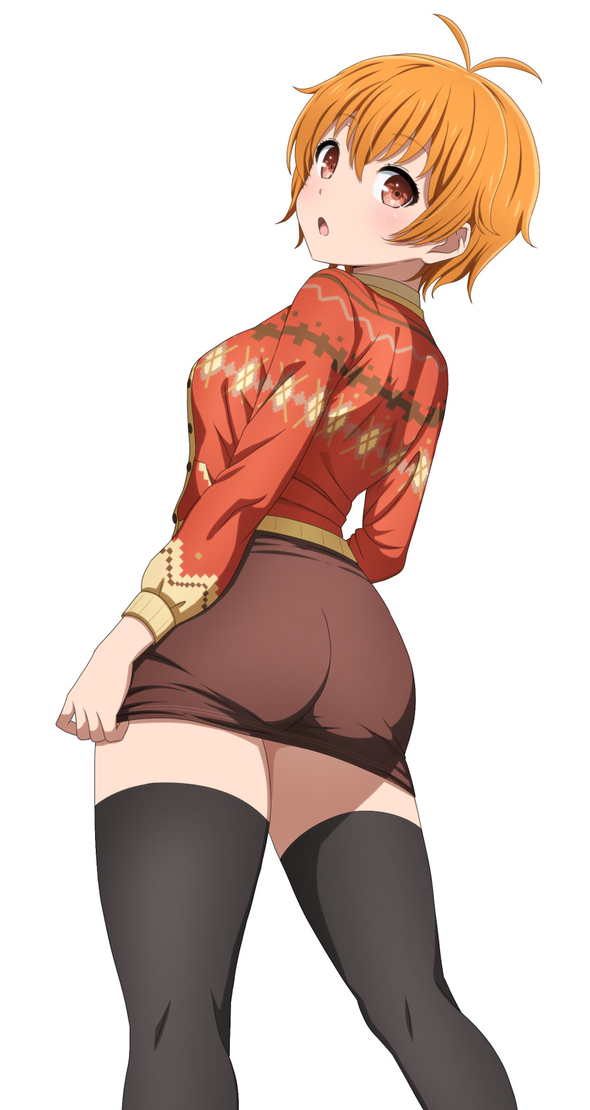 1girl absurdres ahoge ass bang_dream! black_thighhighs breasts brown_eyes brown_skirt commentary hair_between_eyes highres kitazawa_hagumi looking_at_viewer medium_breasts noshimurin open_mouth orange_hair orange_sweater paid_reward_available short_hair simple_background skirt solo sweater thighhighs white_background zettai_ryouiki