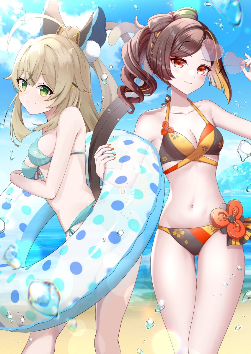 2girls absurdres alternate_costume aqua_bikini aqua_panties beach bikini blonde_hair blue_sky breasts brown_bikini brown_hair brown_panties cat_tail chiori_(genshin_impact) cleavage cloud commentary_request cowboy_shot crossed_bangs day drill_hair genshin_impact green_eyes hair_between_eyes heart heart-shaped_eyewear highres holding holding_removed_eyewear holding_swim_ring innertube kirara_(genshin_impact) light_blush looking_at_viewer medium_breasts midriff multicolored_hair multiple_girls multiple_tails navel one-piece_swimsuit outdoors panties pink-tinted_eyewear red_eyes sky smile stomach swim_ring swimsuit tail tateko25wiz tinted_eyewear two-tone_hair two_tails underwear unworn_eyewear