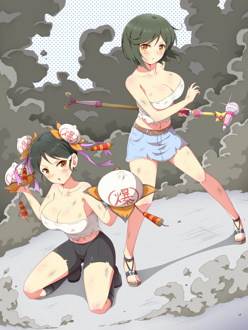 absurdres baozi baozi_hair_ornament bare_shoulders belt bike_shorts black_hair blue_bow blush body_blush boots bow breasts brown_belt bruise cleavage collarbone commission denim denim_skirt dirty dotted_background double_bun eggman_(ni_tamagoex) fighting_stance firecrackers food food-themed_hair_ornament full_body hair_bun hair_ornament highres holding injury kneeling large_breasts looking_at_viewer mai_(senran_kagura) meimei_(senran_kagura) microphone_stand midriff miniskirt multiple_girls navel open_mouth orange_eyes purple_ribbon ready_to_draw ribbon sandals scrape scratches senran_kagura senran_kagura_new_wave short_hair shorts skeb_commission skirt smoke standing strapless torn_clothes torn_shorts torn_skirt tube_top weapon white_tube_top