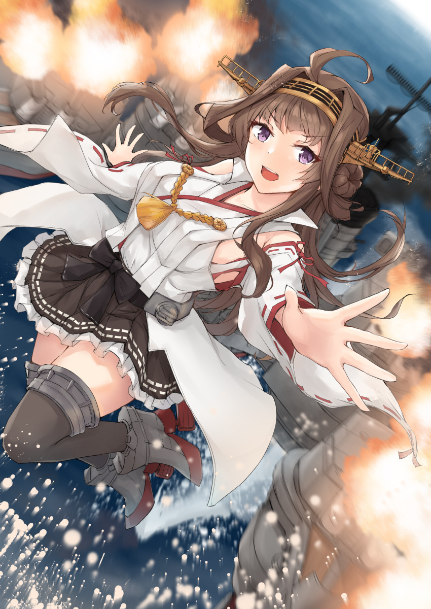 1girl absurdres ahoge black_thighhighs brown_hair brown_skirt commission detached_sleeves double_bun dutch_angle firing hair_bun hairband headgear highres k_jie kantai_collection kongou_(kancolle) kongou_kai_ni_(kancolle) long_hair machinery muzzle_flash nontraditional_miko open_mouth pleated_skirt popped_collar purple_eyes ribbon-trimmed_sleeves ribbon_trim rudder skeb_commission skirt solo thighhighs