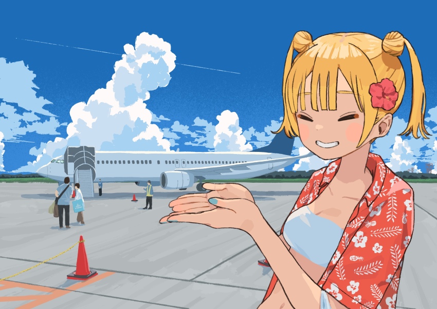 1girl absurdres aircraft airplane bikini blonde_hair blue_nails blue_sky breasts cleavage closed_eyes cloud contrail cupping_hands day double_bun facing_viewer floral_print flower grin hair_bun hair_flower hair_ornament hawaiian_shirt hibiscus high-visibility_clothing high-visibility_vest highres mashiro_ka original outdoors own_hands_together red_flower red_shirt shirt short_twintails sky small_breasts smile solo_focus summer swimsuit twintails upper_body white_bikini