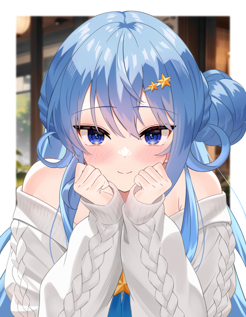 1girl absurdres aran_sweater bare_shoulders blue_eyes blue_hair blush cable_knit cardigan closed_mouth commentary hair_bun hair_ornament hairclip half_updo head_rest highres hololive hoshimachi_suisei hoshimachi_suisei_(school_uniform) long_hair looking_at_viewer off_shoulder official_alternate_costume official_alternate_hairstyle side_up_bun single_side_bun smile solo star_(symbol) star_hair_ornament star_in_eye sweater symbol_in_eye telu_(teluscarlet) upper_body virtual_youtuber white_cardigan