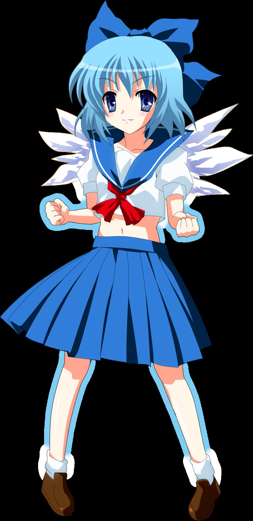 1girl absurdres alternate_costume bad_id bad_pixiv_id blue_eyes blue_hair bow cirno contemporary female_focus full_body hair_bow highres matching_hair/eyes midriff navel oyu_no_kaori pleated_skirt ribbon school_uniform skirt solo touhou transparent_background wings