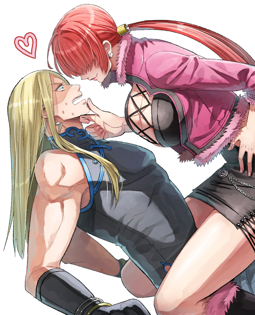 1boy 1girl absurdres black_dress blonde_hair breasts chinese_clothes cleavage cross-laced_clothes cross-laced_dress dress earrings fur-trimmed_jacket fur_trim hair_over_eyes heart highres jacket jewelry large_breasts long_bangs long_hair muscular muscular_male nikaidou_benimaru pectorals pink_jacket pink_lips ponytail red_hair shermie_(kof) simple_background sleeveless straddling sweat the_king_of_fighters user_jmzg2528 white_background