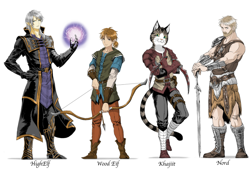 4boys arrow_(projectile) bad_id bad_pixiv_id bow_(weapon) cat elf high_elf khajiit magic male_focus multiple_boys nord pointy_ears sword the_elder_scrolls the_elder_scrolls_v:_skyrim weapon white_hair wood_elf