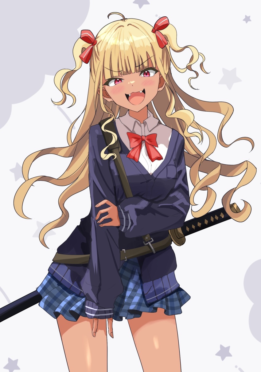 1girl :d ahoge blonde_hair blue_jacket blue_skirt blunt_bangs bow fangs gyaru hair_ribbon highres jacket katana long_hair long_sleeves open_mouth original osunahanko plaid_clothes plaid_skirt red_bow red_ribbon ribbon school_uniform skirt smile solo sword tan two_side_up weapon white_background