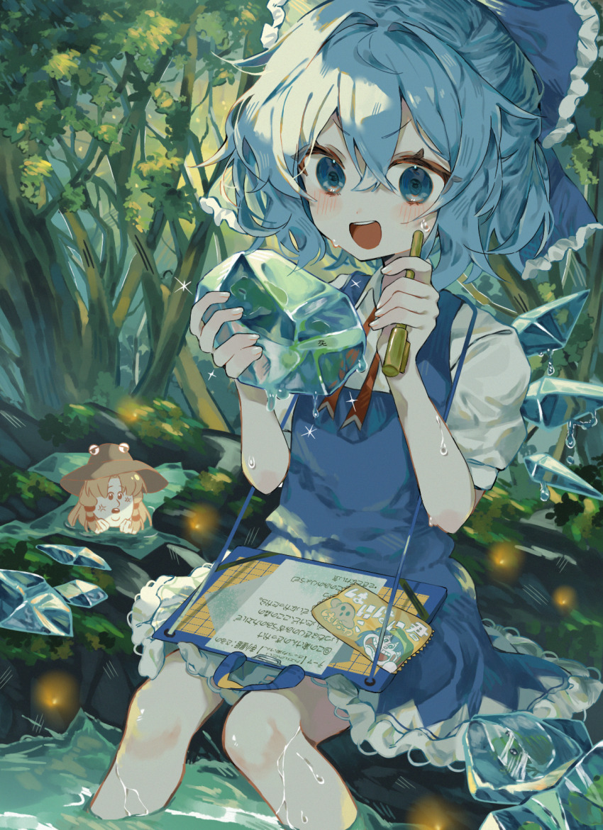 1girl 2girls blue_bow blue_dress blue_eyes blue_hair bow cirno commentary_request dress enka_natori_umu frozen_frog hair_bow hair_intakes highres ice ice_wings moriya_suwako multiple_girls open_mouth outdoors short_hair sitting solo solo_focus touhou wading wings