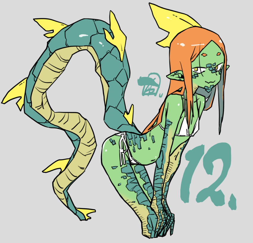 1girl :3 animal_hands bikini chiwa_(fcwv5738) colored_skin commentary_request flat_chest full_body green_scales green_skin green_tail hands_on_own_knees highres leaning_forward lizard_tail long_hair looking_at_viewer monster_girl multicolored_tail numbered orange_hair original reptile_girl scales side-tie_bikini_bottom signature smug solo swimsuit tail very_long_hair white_bikini yellow_tail