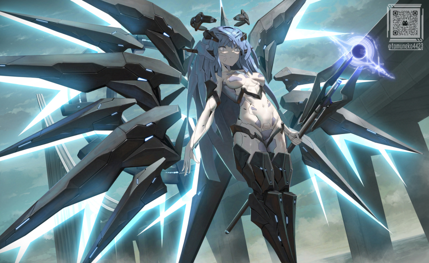 1girl android blue_hair breasts commentary_request detached_wings grey_eyes highres holding holding_staff long_hair looking_at_viewer mechanical_hair mechanical_wings navel original qr_code small_breasts solo staff tom-neko_(zamudo_akiyuki) wings