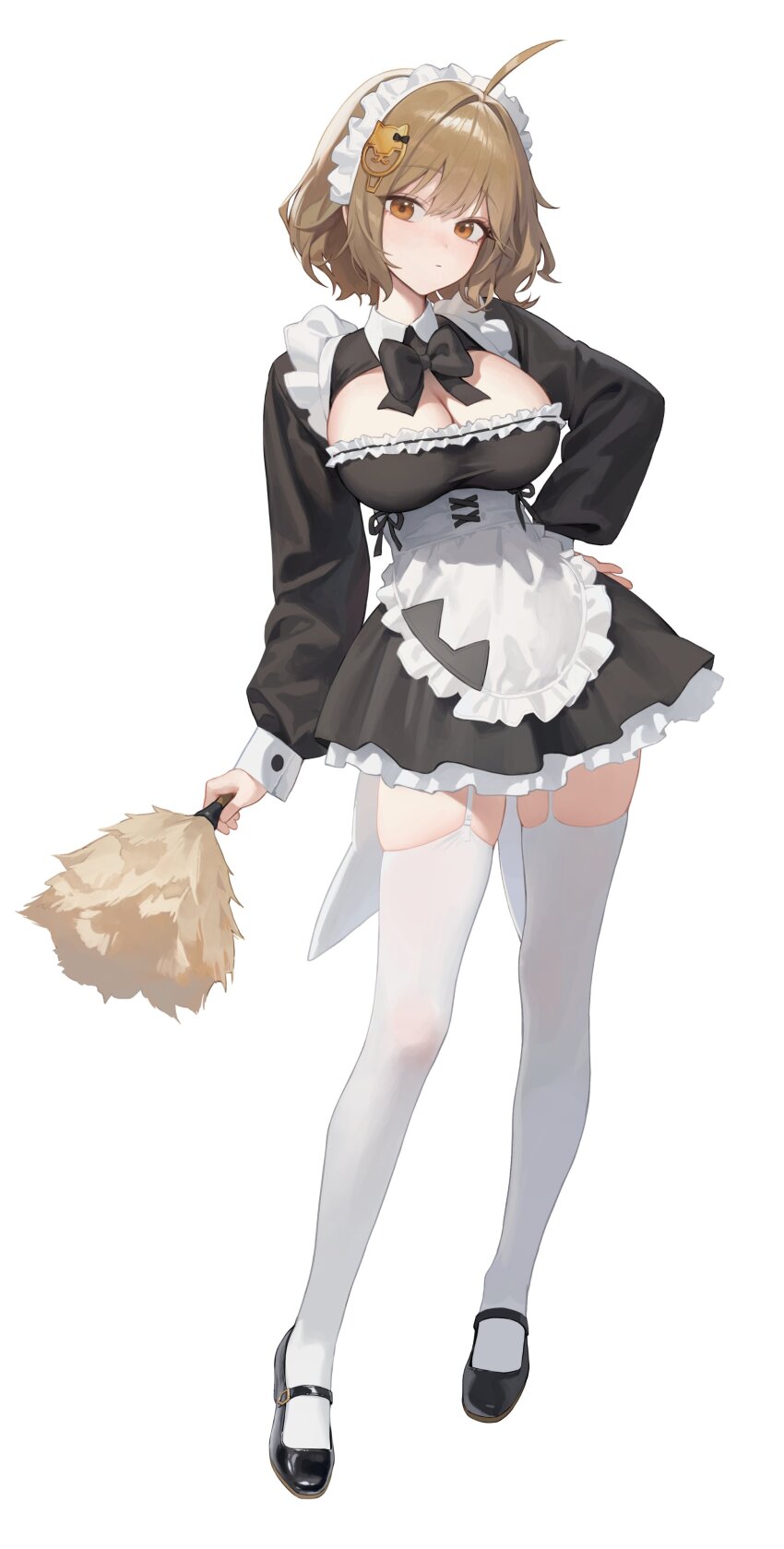 1girl absurdres ahoge alternate_costume anis_(nikke) apron black_dress blush breasts brown_eyes brown_hair cleavage cleavage_cutout closed_mouth clothing_cutout dress duster enmaided feather_duster frilled_apron frills garter_straps goddess_of_victory:_nikke hair_ornament highres holding holding_duster large_breasts looking_at_viewer maid maid_apron maid_headdress mary_janes puffy_sleeves shoes short_hair simple_background solo thighhighs waist_apron white_apron white_thighhighs xi_xeong