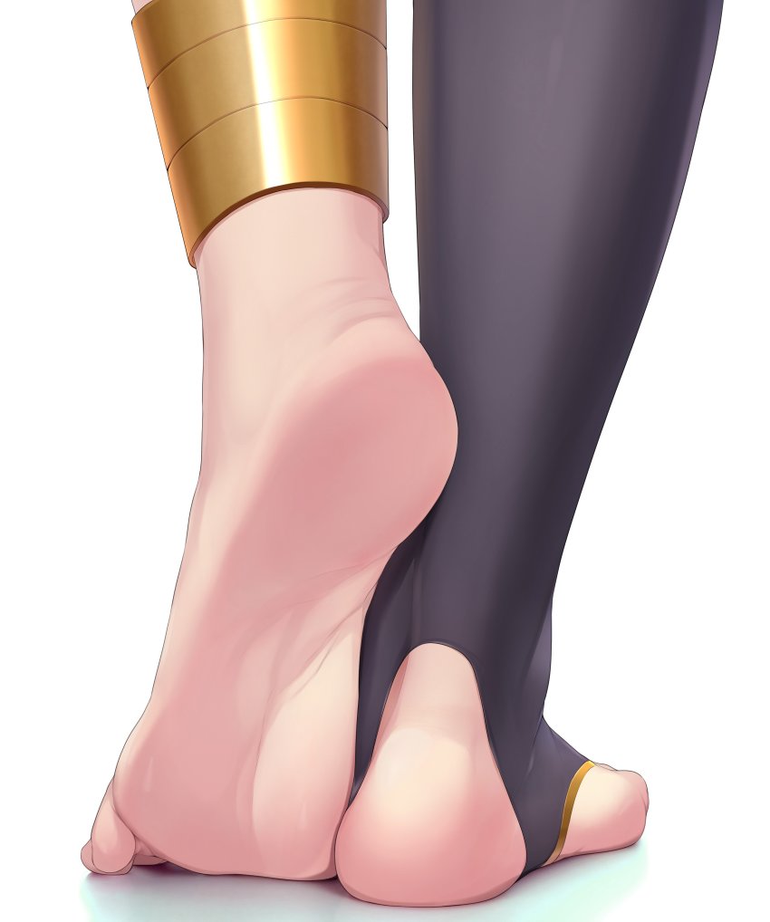 1girl absurdres anklet asymmetrical_legwear barefoot black_thighhighs fate/grand_order fate_(series) feet foot_focus from_behind heel_up highres ishtar_(fate) jewelry ruton-niki simple_background single_thighhigh soles solo thighhighs toeless_legwear toes uneven_legwear white_background