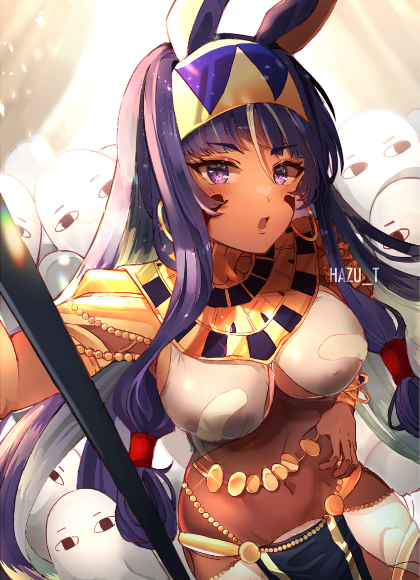 &lt;o&gt;_&lt;o&gt; 1girl :&lt; ancient_egyptian_clothes artist_name bracelet breasts commentary dark-skinned_female dark_skin earrings facial_mark fate/grand_order fate_(series) hand_on_own_hip hazu_t highres hoop_earrings jewelry large_breasts long_hair looking_at_viewer medjed_(fate) navel nitocris_(fate) pelvic_curtain purple_eyes purple_hair revision solo very_long_hair