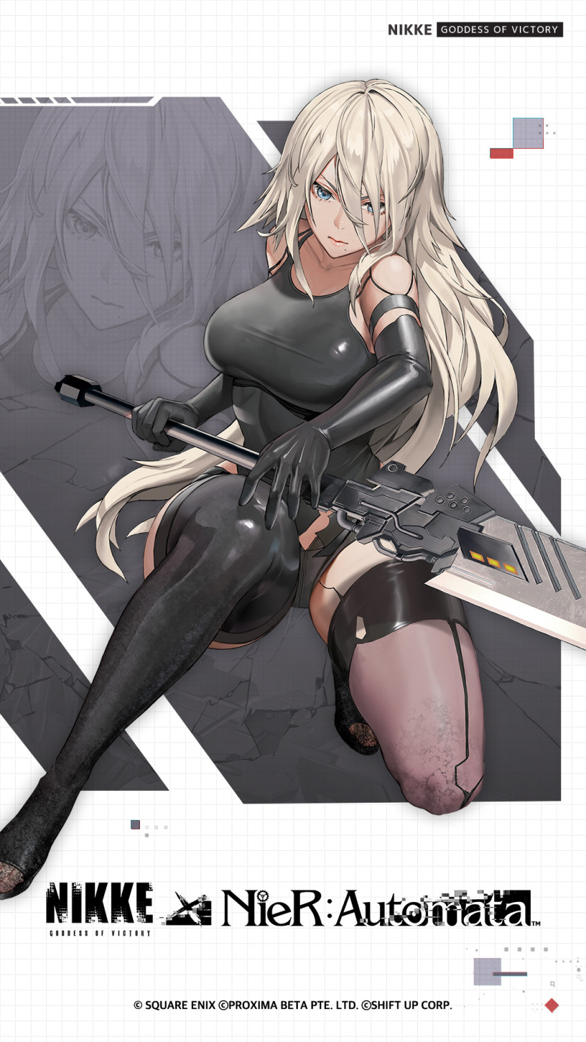 1girl a2_(nier:automata) android artist_request black_gloves blue_eyes breasts commentary crossover elbow_gloves english_commentary gloves goddess_of_victory:_nikke grid_background highres holding large_breasts long_hair mole mole_under_mouth nier:automata nier_(series) official_art solo squatting sword taking_cover thighhighs weapon