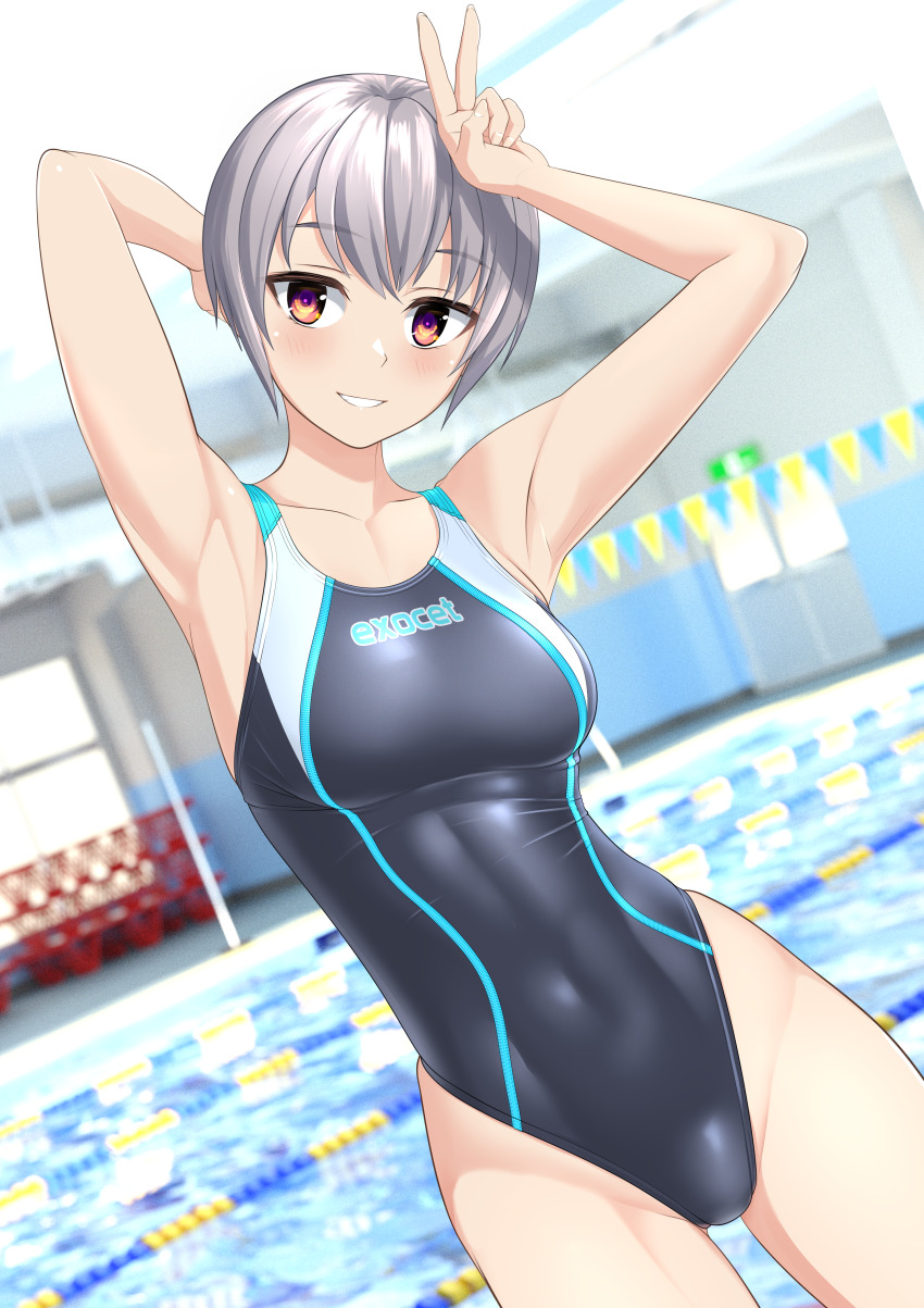 1girl absurdres armpits black_one-piece_swimsuit breasts brown_eyes commentary_request competition_swimsuit covered_navel cowboy_shot dutch_angle grey_hair grin highleg highleg_one-piece_swimsuit highres indoors lane_line medium_breasts multicolored_clothes multicolored_swimsuit one-piece_swimsuit original pool presenting_armpit short_hair smile solo string_of_flags swimsuit takafumi tomboy v variant_set