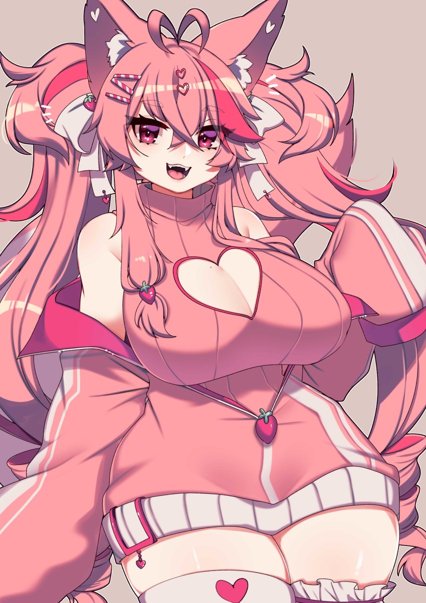 1girl absurdres bare_shoulders blush breasts cleavage cleavage_cutout clothing_cutout covered_erect_nipples cowboy_shot curvy fangs hair_between_eyes hair_ornament heart_cutout highres huge_breasts indie_virtual_youtuber kireina_(osiimi) long_hair long_sleeves looking_at_viewer nail_polish open_mouth original pink_hair pink_nails pink_sweater pink_theme pink_thighhighs purple_eyes rayrie simple_background sleeves_past_wrists smile solo sweater thick_thighs thighhighs thighs twintails very_long_hair virtual_youtuber white_background wide_hips