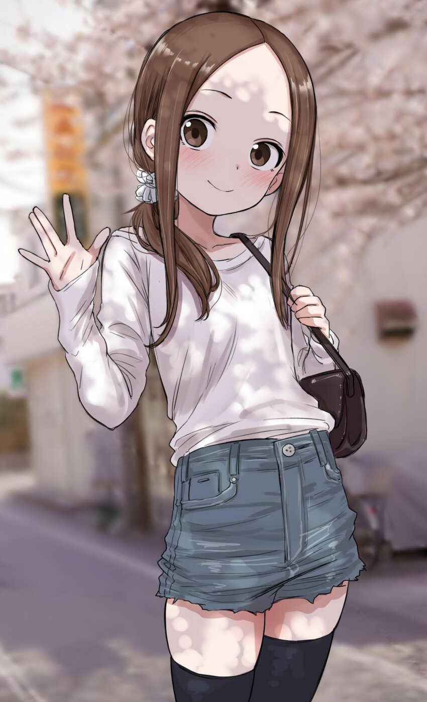 1girl bag black_thighhighs blurry blurry_background blush breasts brown_eyes brown_hair building closed_mouth commentary cowboy_shot day denim denim_shorts depth_of_field forehead grey_shorts hand_up handbag highres karakai_jouzu_no_takagi-san long_hair long_sleeves looking_at_viewer low_ponytail note2000 outdoors parted_bangs ponytail shirt short_shorts shorts shoulder_bag sleeves_past_wrists small_breasts smile solo standing takagi-san thighhighs tree white_shirt