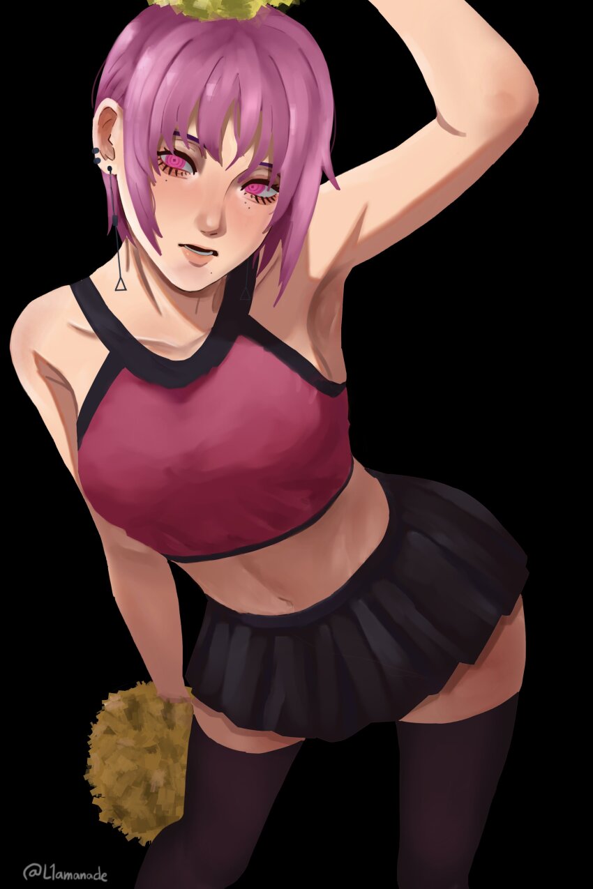 1girl absurdres arm_up armpits black_background black_skirt black_thighhighs chainsaw_man cheerleader crop_top earrings fami_(chainsaw_man) highres jewelry l1amanade mole mole_under_eye mole_under_mouth multiple_moles navel open_mouth pom_pom_(cheerleading) purple_eyes purple_hair ringed_eyes short_hair simple_background skirt solo thighhighs twitter_username