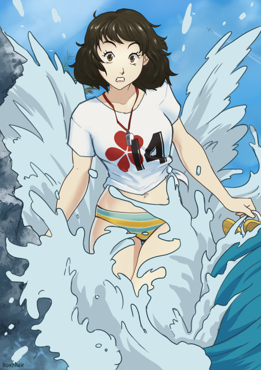 1girl beach bikini black_hair blue_sky clenched_teeth cloud crop_top flip-flops highres holding holding_sandals kawakami_sadayo knees_together_feet_apart ocean palm_tree persona persona_5 rock roxy_rex sandals shirt sky solo striped_bikini striped_clothes surprised swimsuit teeth tied_shirt tree water waves whistle whistle_around_neck