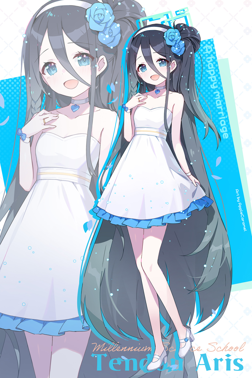 1girl apple_caramel aris_(blue_archive) black_hair blue_archive blue_eyes blue_flower blush dress flower hair_flower hair_ornament highres long_hair open_mouth side_ponytail very_long_hair white_dress