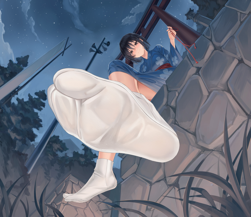 1girl absurdres black_hair brown_eyes crossed_legs feet highres japanese_clothes kimi_no_na_wa. kimono light_blush looking_at_viewer medium_hair miyamizu_mitsuha pov smile soles tabi xo_(xo17800108) yukata