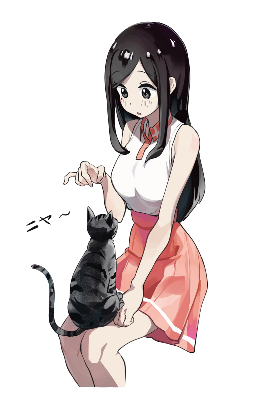 1girl animal animal_on_lap bare_arms bare_shoulders black_cat black_eyes black_hair breasts cat cat_on_lap collared_shirt cropped_legs highres large_breasts long_hair looking_at_animal mo0o0rae on_lap parted_lips red_skirt sakurai_touko senpai_ga_uzai_kouhai_no_hanashi shirt simple_background skirt sleeveless sleeveless_shirt solo translation_request white_background white_shirt