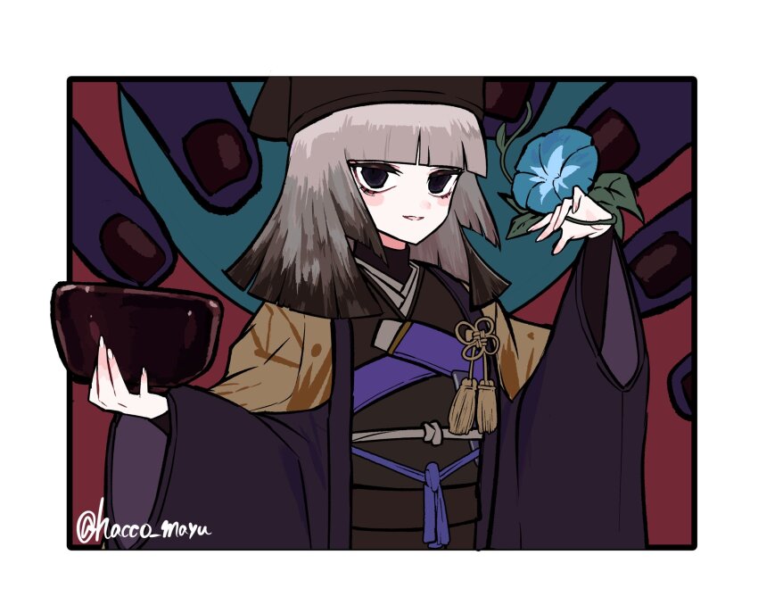 1girl black_eyes black_hair black_hat black_kimono blunt_bangs bowl breasts fate/grand_order fate_(series) flower ghost_hands gradient_hair grey_hair hacco_mayu hat highres japanese_clothes kimono long_sleeves looking_at_viewer medium_hair multicolored_hair obi sash sen_no_rikyu_(fate) sen_no_rikyu_(second_ascension)_(fate) small_breasts smile tassel wide_sleeves