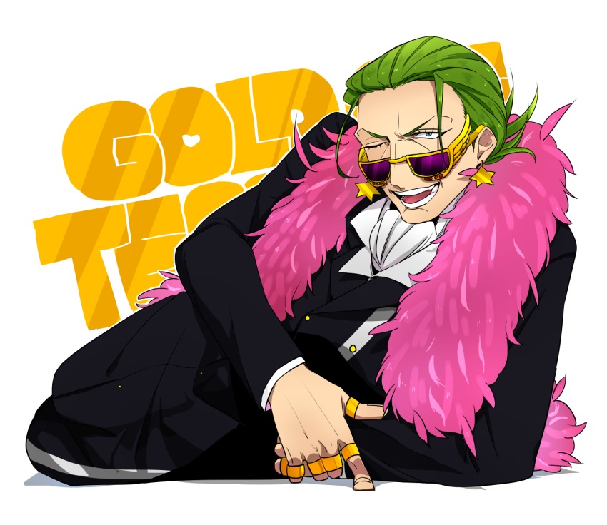 1boy bad_id bad_pixiv_id blue_eyes earrings feather_boa formal_clothes gild_tesoro glasses green_hair highres jewelry male_focus nbk_(yamazakinobeko) one_eye_closed one_piece one_piece_film:_gold open_mouth ring simple_background solo star_(symbol) suit sunglasses teeth white_background yama_most