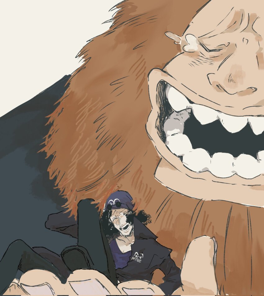 2boys ^_^ beard black_coat black_hair closed_eyes co_cha_mon coat commentary_request facial_hair giant happy_tears hat high_collar highres jaguar_d._saul kuzan_(aokiji) laughing male_focus multiple_boys one_piece open_mouth orange_hair person_on_hand purple_hat round_teeth simple_background tears teeth white_background