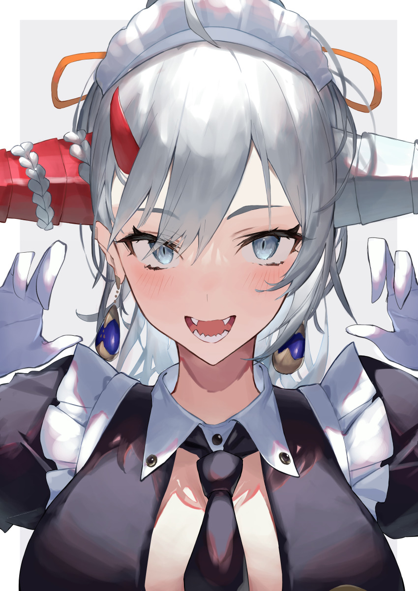 1girl absurdres asymmetrical_horns azur_lane between_breasts black_necktie breasts center_opening earrings fangs gloves grey_eyes grey_hair hair_on_horn hakuryuu_(azur_lane) hakuryuu_(slice_dice_and_serve)_(azur_lane) highres horns jewelry kabi_(zcwd8845) large_breasts looking_at_viewer maid_headdress mismatched_horns multiple_horns necktie necktie_between_breasts official_alternate_costume red_horns sharp_teeth simple_background solo teeth upper_body white_background white_gloves white_horns