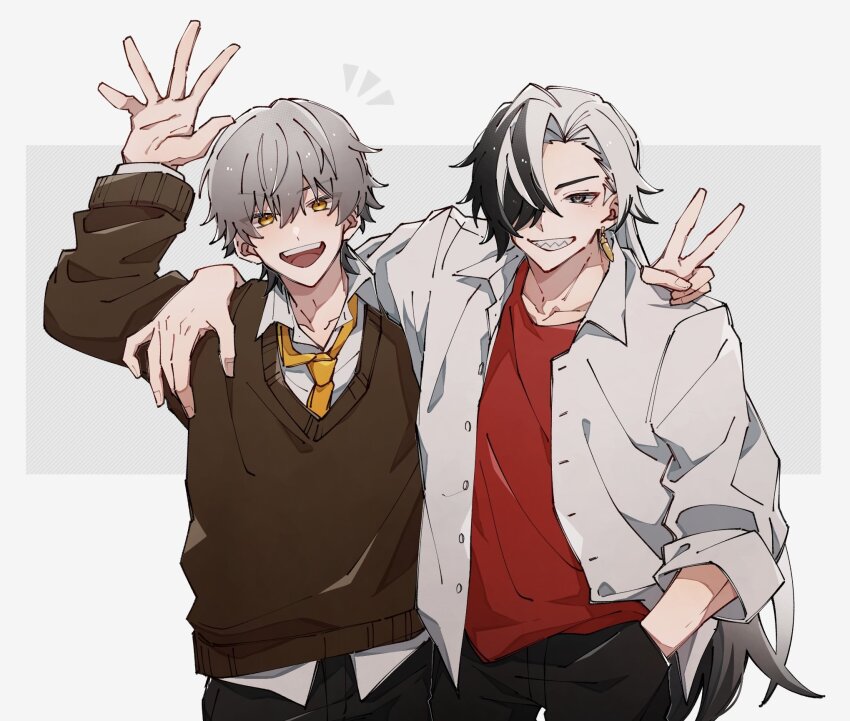 2boys :d alternate_costume arm_around_neck arm_up black_eyes black_hair black_pants boothill_(honkai:_star_rail) brown_sweater bullet_earrings caelus_(honkai:_star_rail) collared_shirt commentary_request cowboy_shot crosshair_pupils earrings gradient_hair grey_background grey_hair grin hair_between_eyes hair_over_one_eye hand_in_pocket hand_up highres honkai:_star_rail honkai_(series) jewelry jifu_(gifu_7) long_hair long_sleeves looking_at_viewer male_focus mole mole_under_eye multicolored_hair multiple_boys multiple_moles necktie notice_lines open_clothes open_collar open_mouth open_shirt orange_eyes orange_necktie pants red_pupils red_shirt school_uniform sharp_teeth shirt short_hair simple_background smile standing sweater teeth trailblazer_(honkai:_star_rail) two-tone_background two-tone_hair undershirt v very_long_hair white_background white_hair white_shirt wing_collar